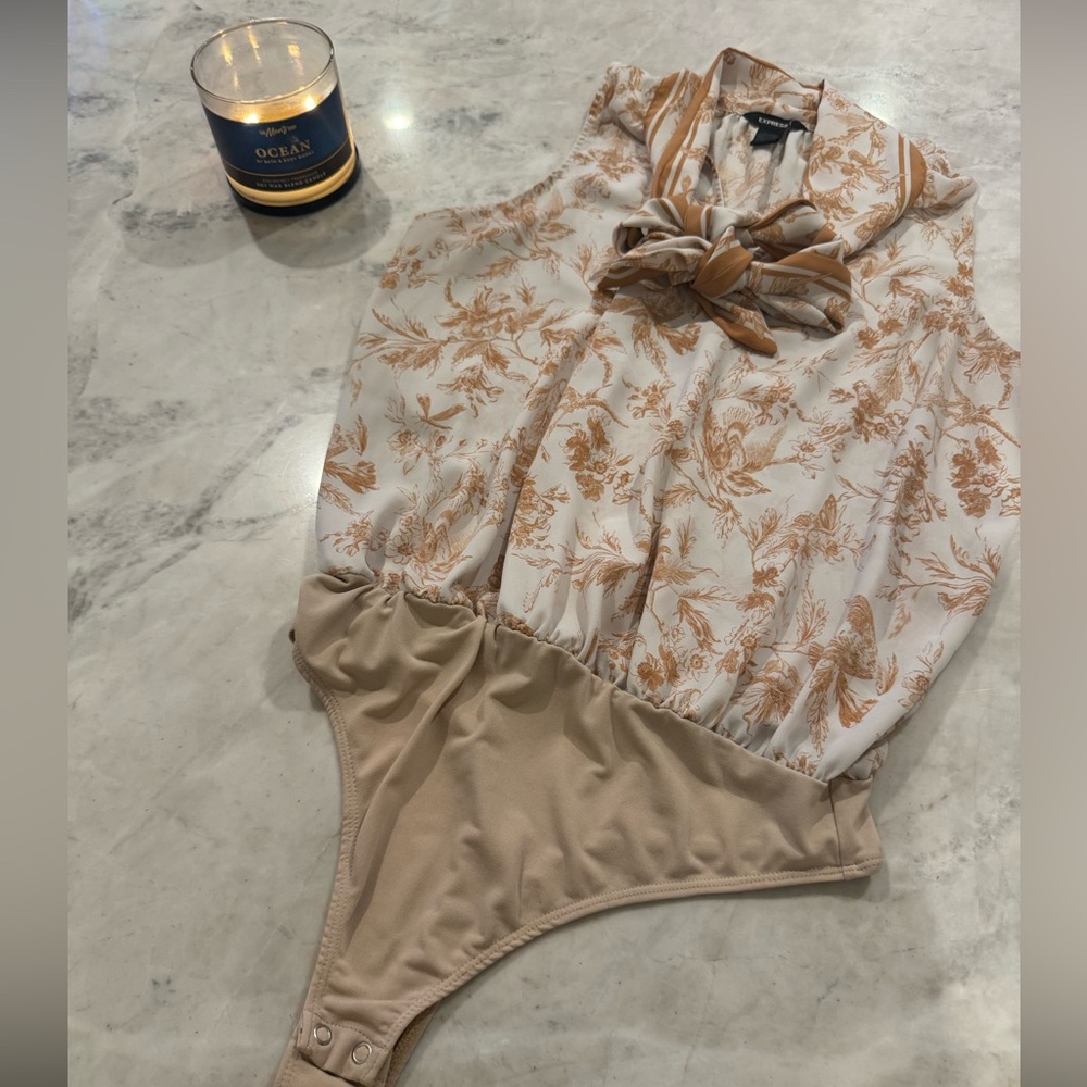 Express Cream and Tan Floral Bow Neck Bodysuit